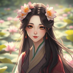 A realistic portrait of 'Miung' from the 'Heart of a Lotus' manhwa, transformed into a human character