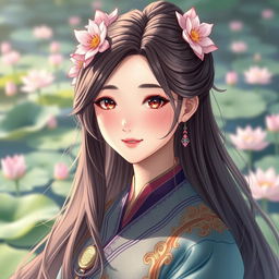 A realistic portrait of 'Miung' from the 'Heart of a Lotus' manhwa, transformed into a human character