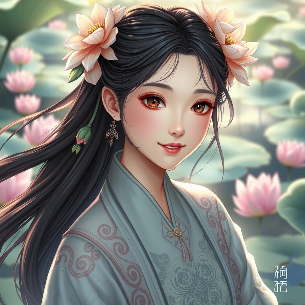 A realistic portrait of 'Miung' from the 'Heart of a Lotus' manhwa, transformed into a human character