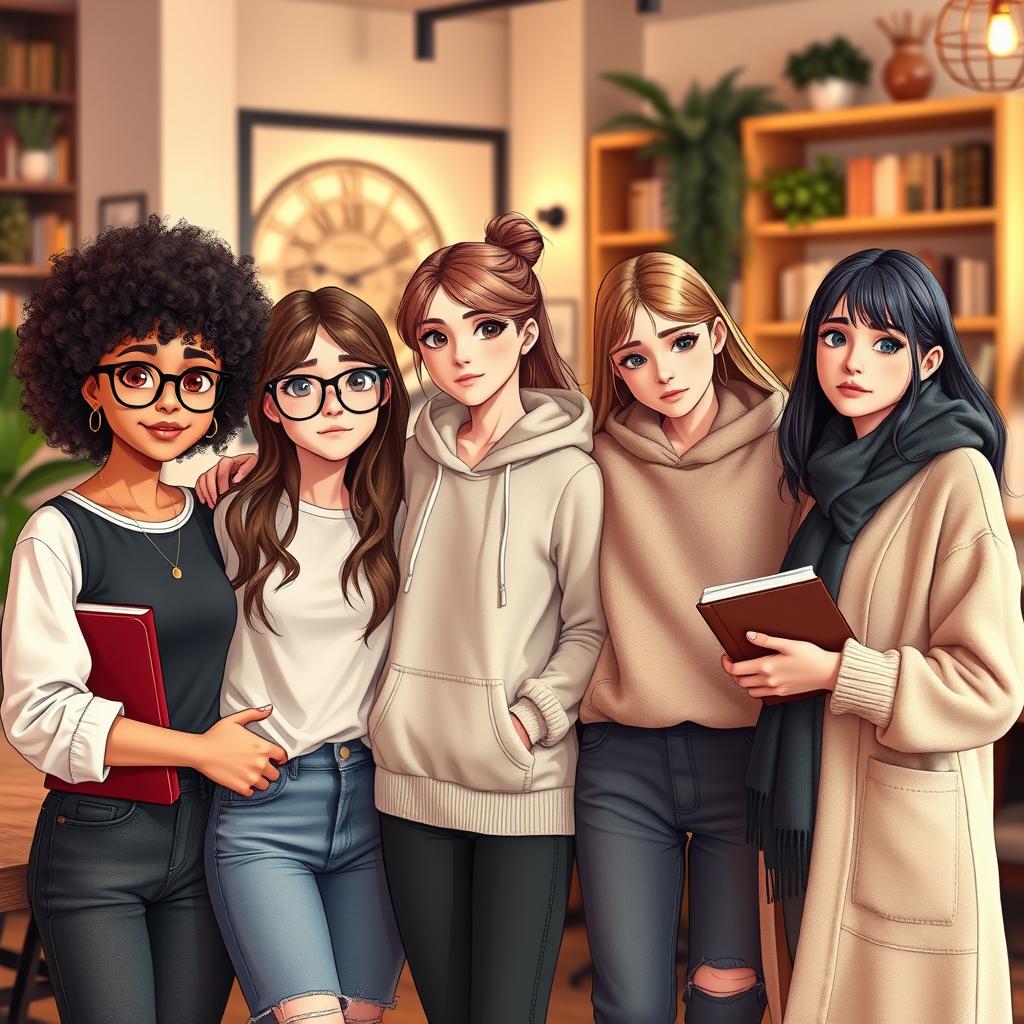 A group of four young women who are best friends, each showcasing their unique personalities