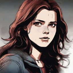 A high-quality digital art image depicts a 16-year-old girl, the daughter of Dean Winchester and Ruby (Genevieve's version)