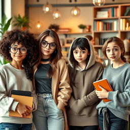 A group of four young women who are best friends, each showcasing their unique personalities