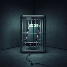 A creative depiction of a smartphone prison, featuring a small cell cage designed specifically to trap a smartphone