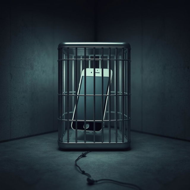 A creative depiction of a smartphone prison, featuring a small cell cage designed specifically to trap a smartphone