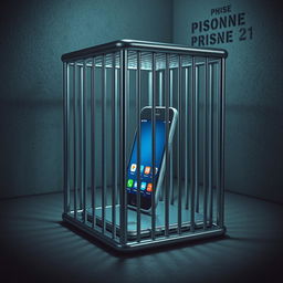 A creative depiction of a smartphone prison, featuring a small cell cage designed specifically to trap a smartphone