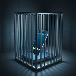 A creative depiction of a smartphone prison, featuring a small cell cage designed specifically to trap a smartphone