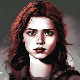 A high-quality digital art image depicts a 16-year-old girl, the daughter of Dean Winchester and Ruby (Genevieve's version)