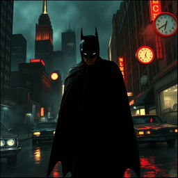 A dark and atmospheric retro noir scene set in Gotham City during the 1980s