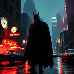 A dark and atmospheric retro noir scene set in Gotham City during the 1980s