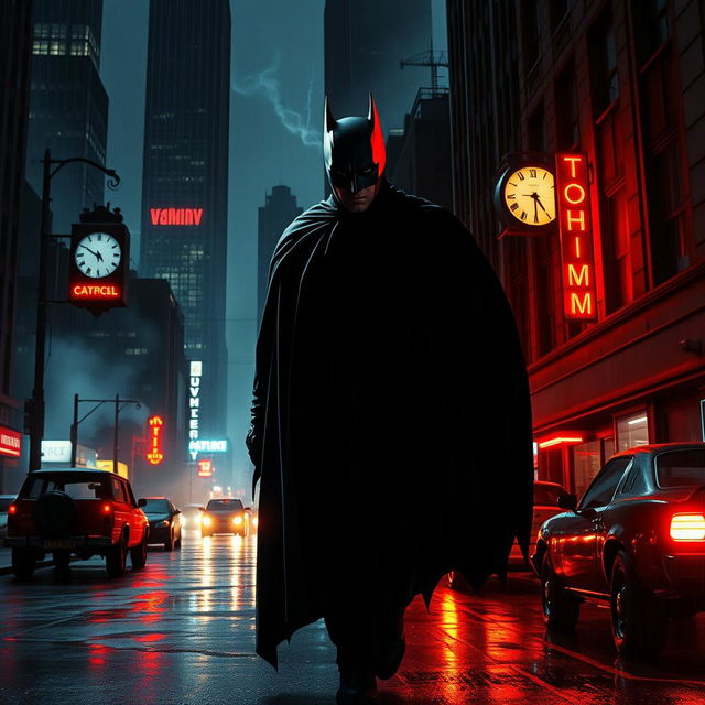 A dark and atmospheric retro noir scene set in Gotham City during the 1980s