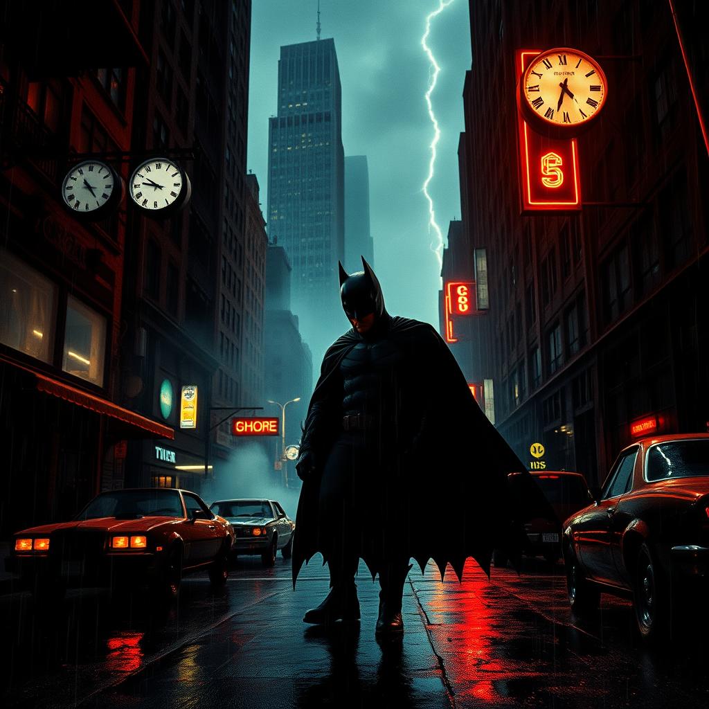 A dark and atmospheric retro noir scene set in Gotham City during the 1980s