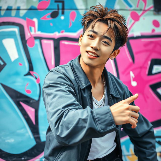 A vibrant, artistic wallpaper featuring BEOM TAE_HA, a charismatic K-pop idol