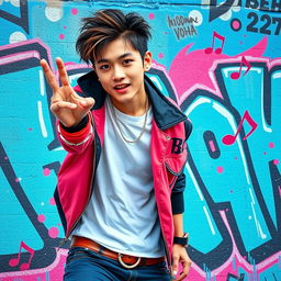 A vibrant, artistic wallpaper featuring BEOM TAE_HA, a charismatic K-pop idol