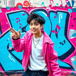A vibrant, artistic wallpaper featuring BEOM TAE_HA, a charismatic K-pop idol