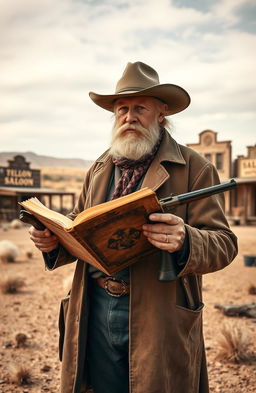 An old preacher standing in the rugged landscape of the Wild West, circa 1870 Texas