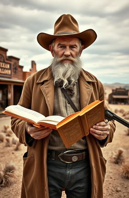 An old preacher standing in the rugged landscape of the Wild West, circa 1870 Texas
