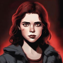 A high-quality digital art image depicts a 16-year-old girl, the daughter of Dean Winchester and Ruby (Genevieve's version)