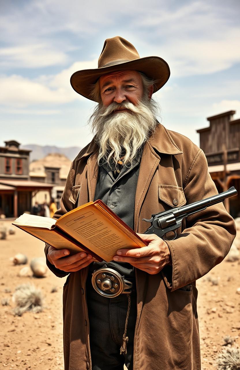 An old preacher standing in the rugged landscape of the Wild West, circa 1870 Texas
