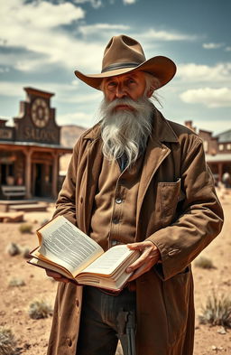 An old preacher standing in the rugged landscape of the Wild West, circa 1870 Texas