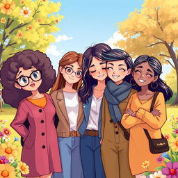 A vibrant and lively illustration of four best friends, each with distinct personalities and traits