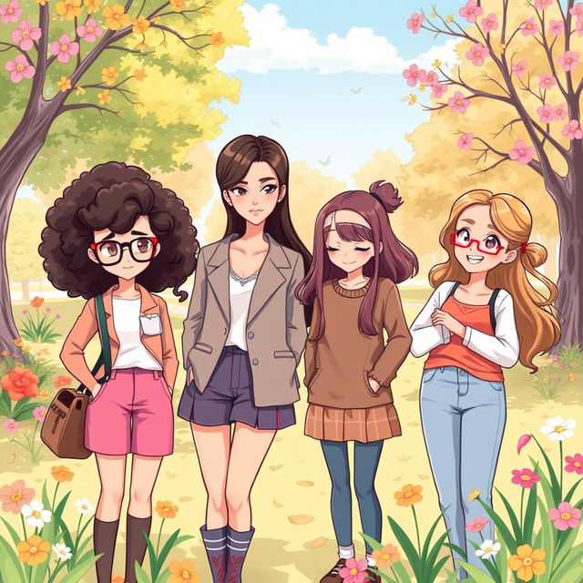 A vibrant and lively illustration of four best friends, each with distinct personalities and traits