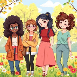A vibrant and lively illustration of four best friends, each with distinct personalities and traits