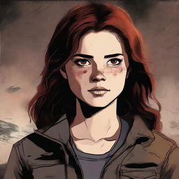 A high-quality digital art image depicts a 16-year-old girl, the daughter of Dean Winchester and Ruby (Genevieve's version)