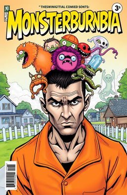 A vibrant comic book cover titled 'Monsterburbia', featuring a male prisoner wearing an orange jumpsuit, looking distressed yet intriguing