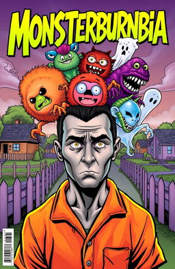 A vibrant comic book cover titled 'Monsterburbia', featuring a male prisoner wearing an orange jumpsuit, looking distressed yet intriguing