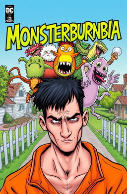 A vibrant comic book cover titled 'Monsterburbia', featuring a male prisoner wearing an orange jumpsuit, looking distressed yet intriguing