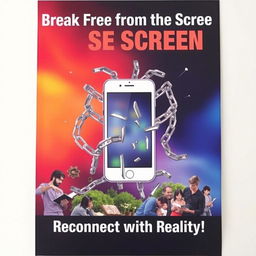 A creatively designed anti-phone addiction poster featuring a large, visually striking graphic of a broken smartphone surrounded by broken chains, symbolizing freedom from digital dependency