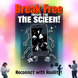 A creatively designed anti-phone addiction poster featuring a large, visually striking graphic of a broken smartphone surrounded by broken chains, symbolizing freedom from digital dependency