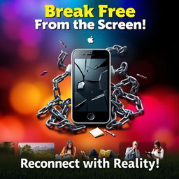 A creatively designed anti-phone addiction poster featuring a large, visually striking graphic of a broken smartphone surrounded by broken chains, symbolizing freedom from digital dependency
