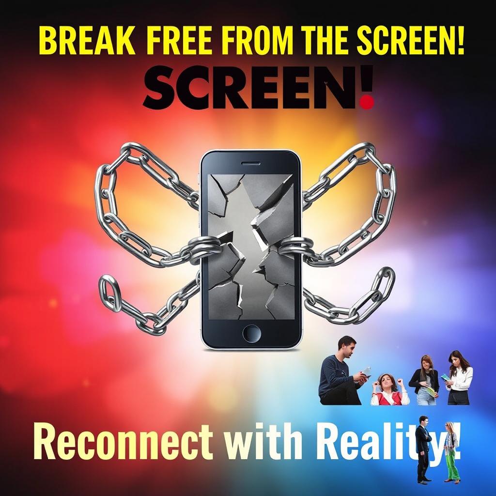 A creatively designed anti-phone addiction poster featuring a large, visually striking graphic of a broken smartphone surrounded by broken chains, symbolizing freedom from digital dependency