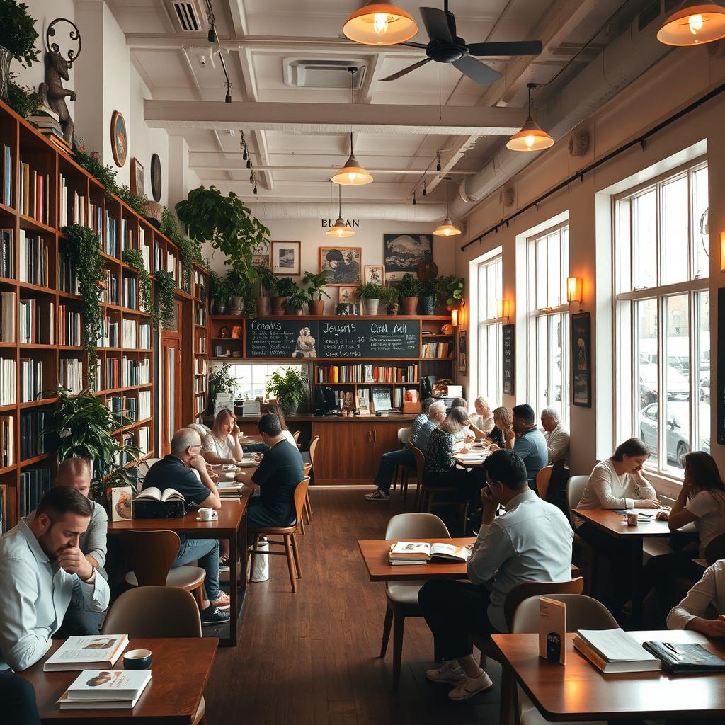 A cozy and inviting cafe bookshop interior, filled with bookshelves lining the walls, wooden tables, and comfortable seating areas