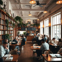A cozy and inviting cafe bookshop interior, filled with bookshelves lining the walls, wooden tables, and comfortable seating areas