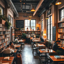 A cozy and inviting cafe bookshop interior, filled with bookshelves lining the walls, wooden tables, and comfortable seating areas