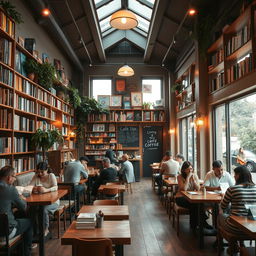 A cozy and inviting cafe bookshop interior, filled with bookshelves lining the walls, wooden tables, and comfortable seating areas
