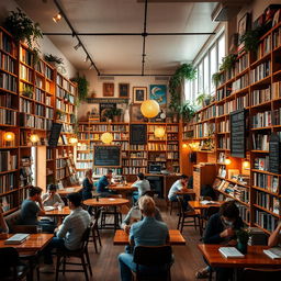 A cozy and inviting cafe bookshop interior, filled with bookshelves lining the walls, wooden tables, and comfortable seating areas