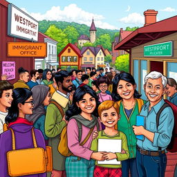 A colorful and vibrant scene depicting the bustling atmosphere of Westport's immigration office