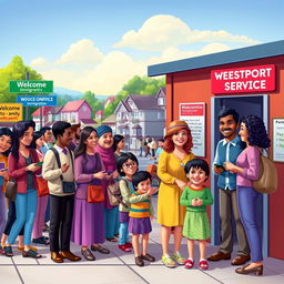 A colorful and vibrant scene depicting the bustling atmosphere of Westport's immigration office