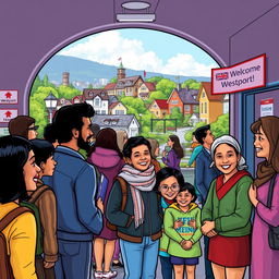 A colorful and vibrant scene depicting the bustling atmosphere of Westport's immigration office