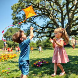 A heartwarming scene of a brother and sister enjoying a sunny day at the park
