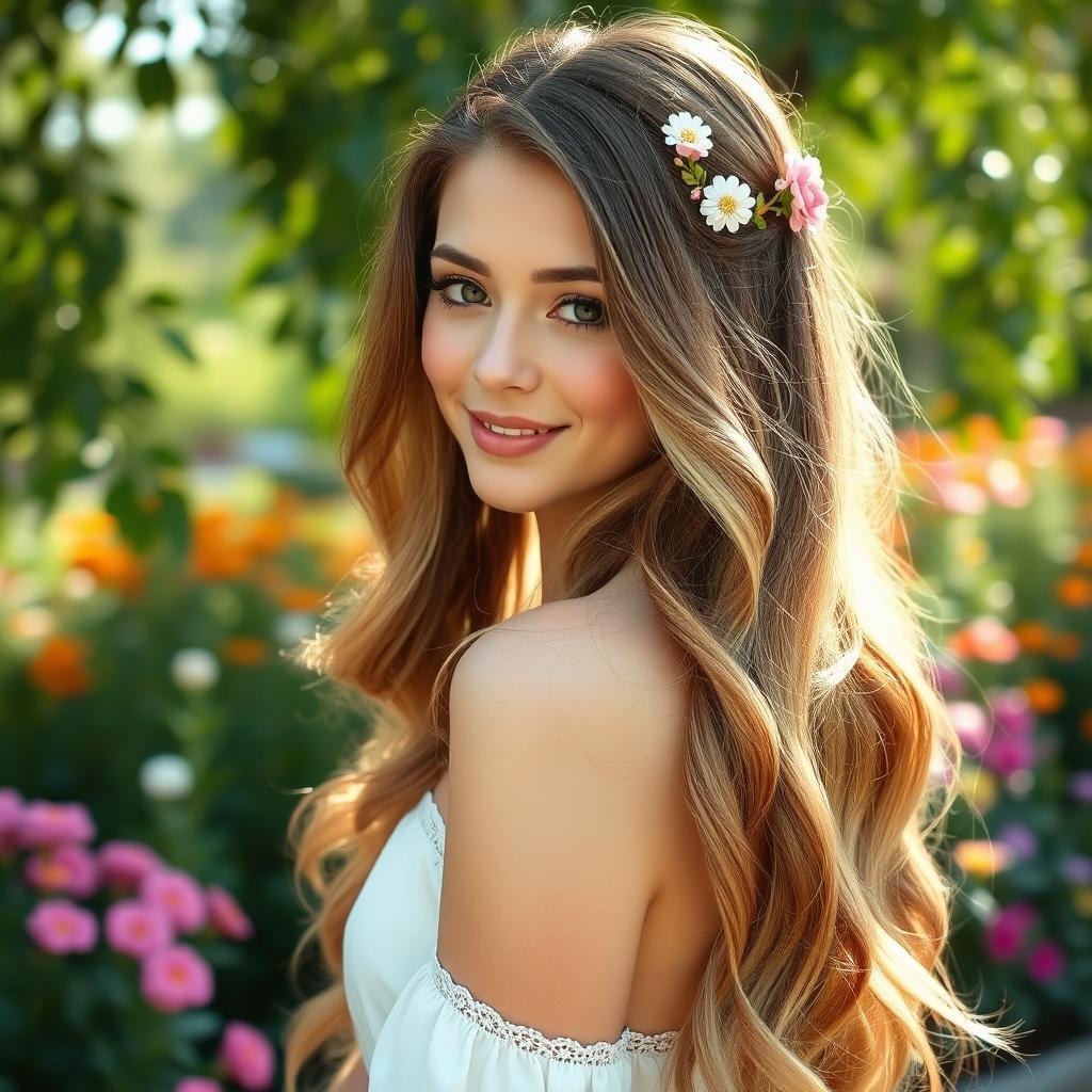 A beautiful young woman with long, flowing, wavy hair cascading down her shoulders, adorned with delicate floral accessories