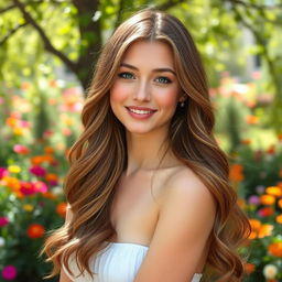 A beautiful young woman with long, flowing, wavy hair cascading down her shoulders, adorned with delicate floral accessories