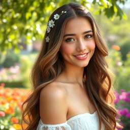 A beautiful young woman with long, flowing, wavy hair cascading down her shoulders, adorned with delicate floral accessories