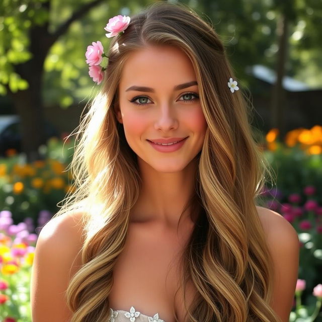 A beautiful young woman with long, flowing, wavy hair cascading down her shoulders, adorned with delicate floral accessories