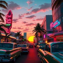 A vibrant scene capturing the essence of Miami in the 1970s, inspired by the aesthetic of Grand Theft Auto: Vice City