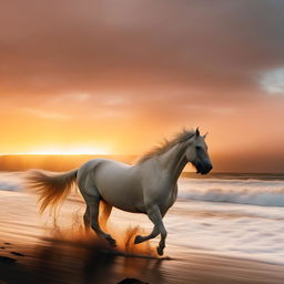 A majestic white horse galloping on a beach during a vivid sunset, with waves crashing in the background.