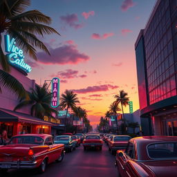 A vibrant scene capturing the essence of Miami in the 1970s, inspired by the aesthetic of Grand Theft Auto: Vice City